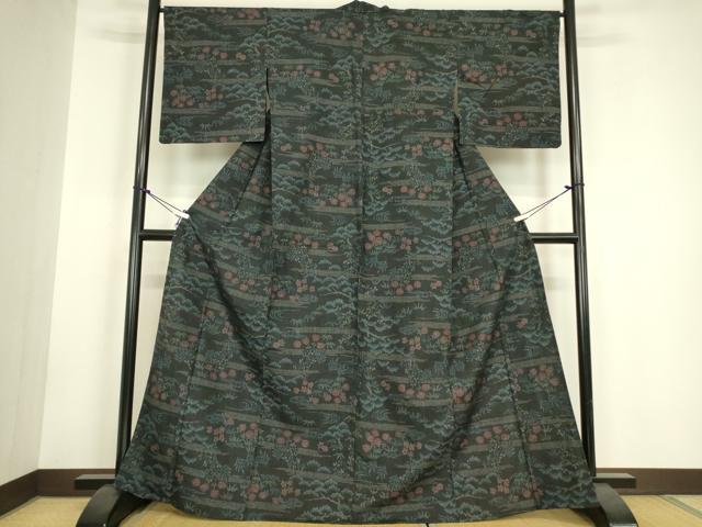 平和屋着物▽上質な紬　単衣　流水花文　正絹　逸品　DABH6097az