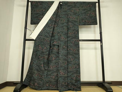 平和屋着物▽上質な紬　単衣　流水花文　正絹　逸品　DABH6097az