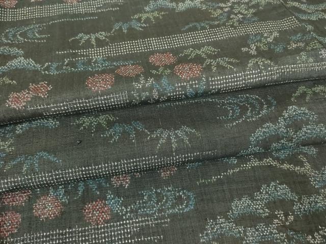 平和屋着物▽上質な紬　単衣　流水花文　正絹　逸品　DABH6097az