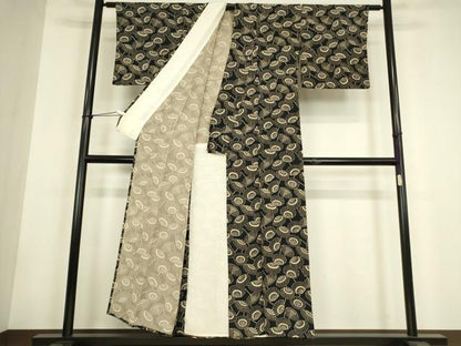 平和屋着物▽上質な小紋　単衣　型染　番傘　黒地　正絹　逸品　DABH6111az