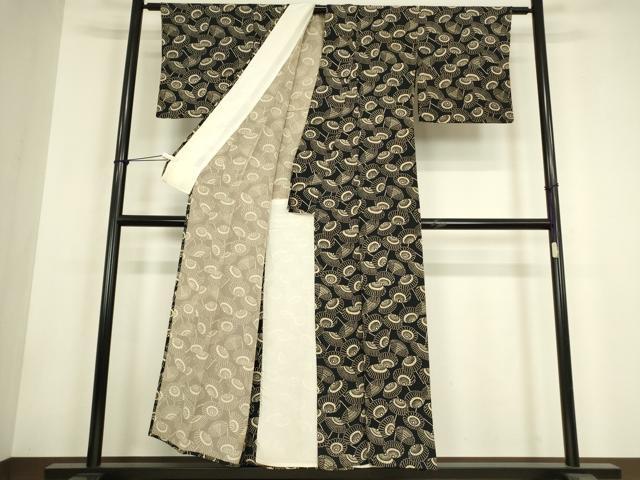 平和屋着物▽上質な小紋　単衣　型染　番傘　黒地　正絹　逸品　DABH6111az