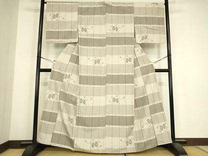 平和屋着物▽上質な紬　単衣　鼓文　正絹　逸品　DABH6113az