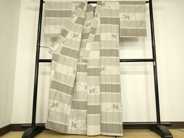 平和屋着物▽上質な紬　単衣　鼓文　正絹　逸品　DABH6113az