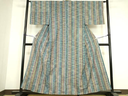 平和屋着物▽上質な紬　単衣　格子　正絹　逸品　DABH6115az