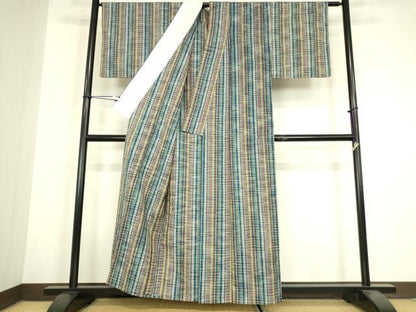 平和屋着物▽上質な紬　単衣　格子　正絹　逸品　DABH6115az