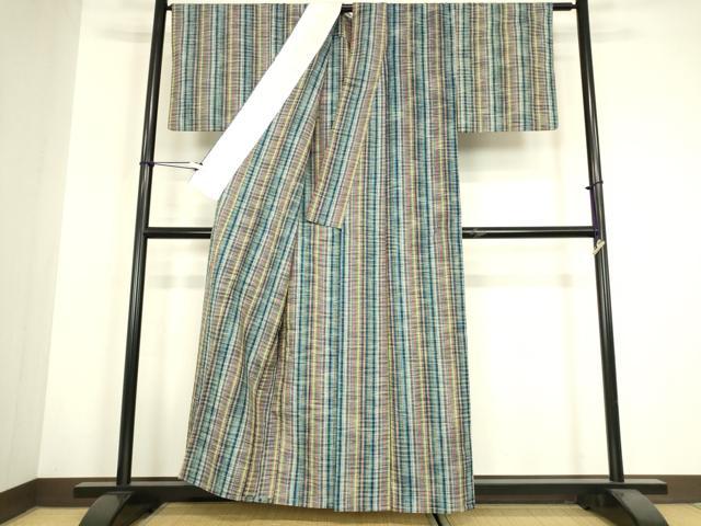 平和屋着物▽上質な紬　単衣　格子　正絹　逸品　DABH6115az