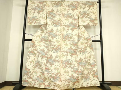 平和屋着物▽上質な紬　単衣　扇面花文　正絹　逸品　DABH6119az