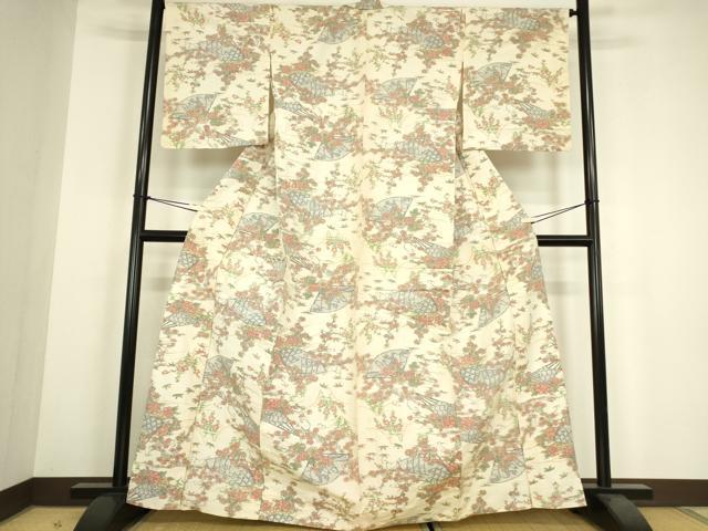 平和屋着物▽上質な紬　単衣　扇面花文　正絹　逸品　DABH6119az