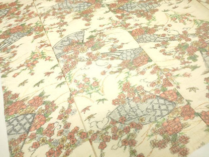 平和屋着物▽上質な紬　単衣　扇面花文　正絹　逸品　DABH6119az