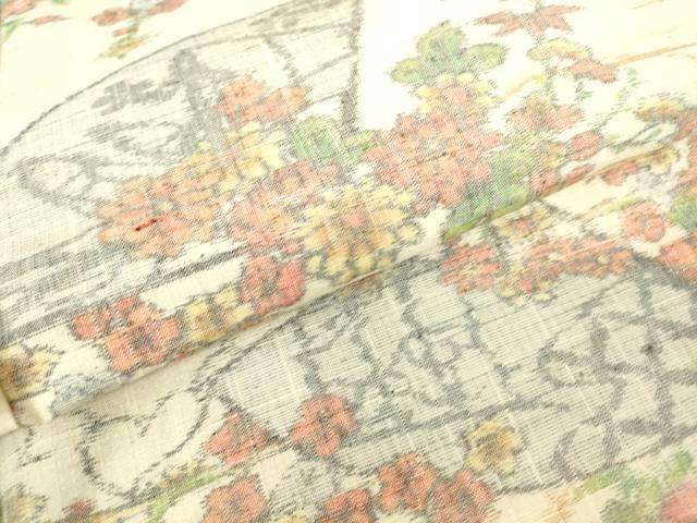 平和屋着物▽上質な紬　単衣　扇面花文　正絹　逸品　DABH6119az