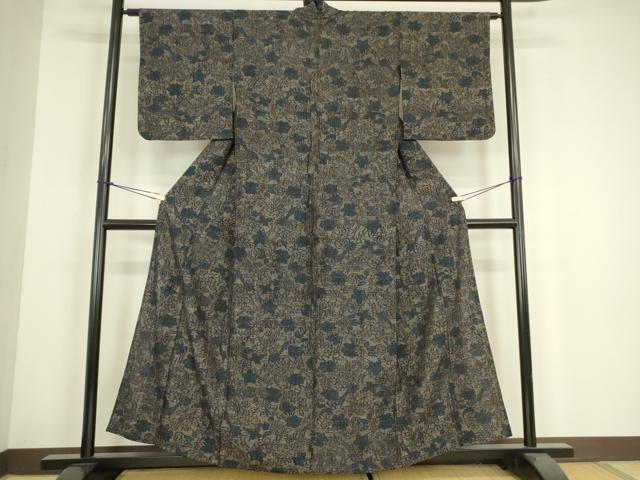 平和屋着物▽上質な紬　単衣　草花文　正絹　逸品　DABH6121az