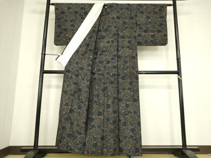 平和屋着物▽上質な紬　単衣　草花文　正絹　逸品　DABH6121az