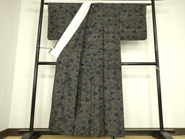 平和屋着物▽上質な紬　単衣　草花文　正絹　逸品　DABH6121az