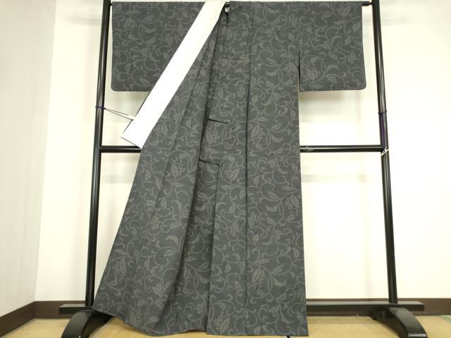 平和屋着物▽結城紬　単衣　葡萄唐草文　80亀甲　証紙付き　正絹　逸品　DABH6122az