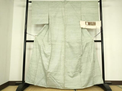平和屋着物▽本能州紬　絲藝苑　上島洋山　単衣　海草染　千草鼠色　証紙付き　正絹　逸品　DABH6135az