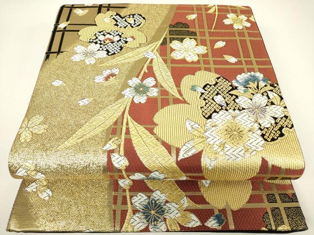平和屋着物▼六通柄袋帯　舞桜文　金銀糸　正絹　逸品　DABH6142az