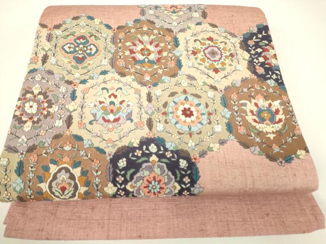 平和屋着物●中国三大刺繍　相良刺繍　総刺繍　太鼓柄袋帯　紬地　正倉院花文　金糸　正絹　逸品　DABH6156az