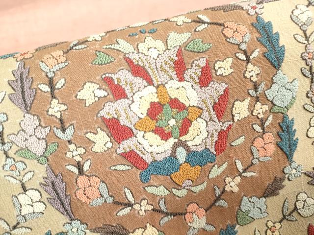 平和屋着物●中国三大刺繍　相良刺繍　総刺繍　太鼓柄袋帯　紬地　正倉院花文　金糸　正絹　逸品　DABH6156az