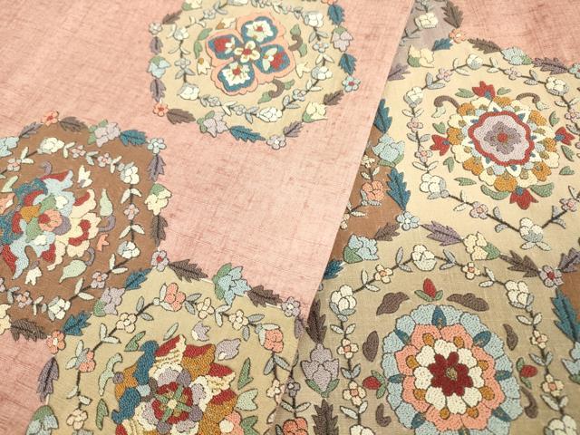 平和屋着物●中国三大刺繍　相良刺繍　総刺繍　太鼓柄袋帯　紬地　正倉院花文　金糸　正絹　逸品　DABH6156az