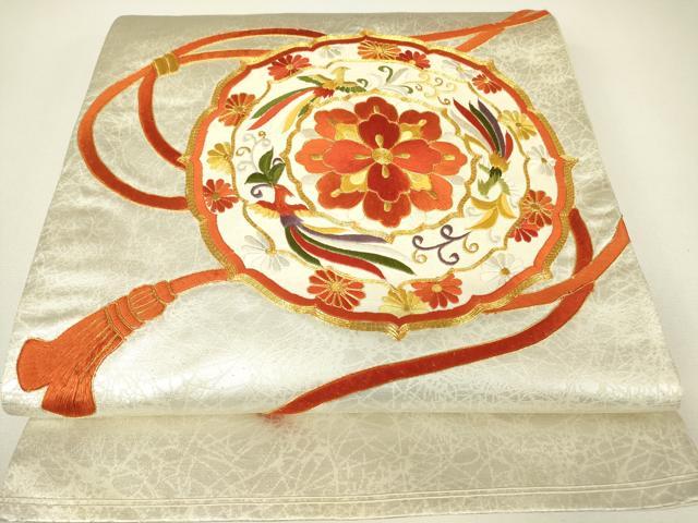 平和屋着物▼太鼓柄袋帯　駒刺繍　総刺繍　正倉院花鳥絵皿文　金糸　正絹　逸品　DABH6164az
