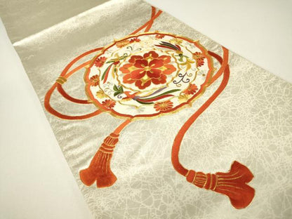 平和屋着物▼太鼓柄袋帯　駒刺繍　総刺繍　正倉院花鳥絵皿文　金糸　正絹　逸品　DABH6164az