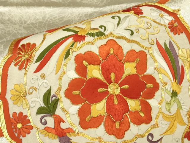 平和屋着物▼太鼓柄袋帯　駒刺繍　総刺繍　正倉院花鳥絵皿文　金糸　正絹　逸品　DABH6164az