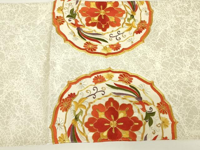 平和屋着物▼太鼓柄袋帯　駒刺繍　総刺繍　正倉院花鳥絵皿文　金糸　正絹　逸品　DABH6164az