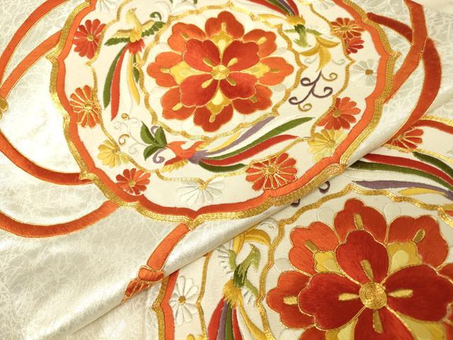 平和屋着物▼太鼓柄袋帯　駒刺繍　総刺繍　正倉院花鳥絵皿文　金糸　正絹　逸品　DABH6164az