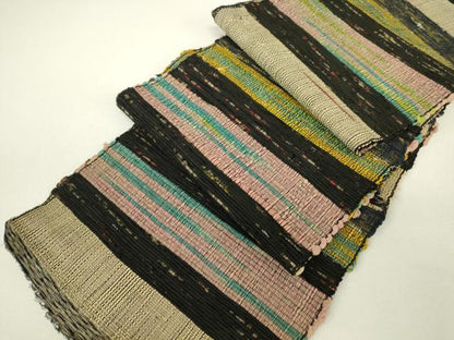 平和屋着物▼半幅帯　先織　横段文　単帯　正絹　逸品　DABH6172az