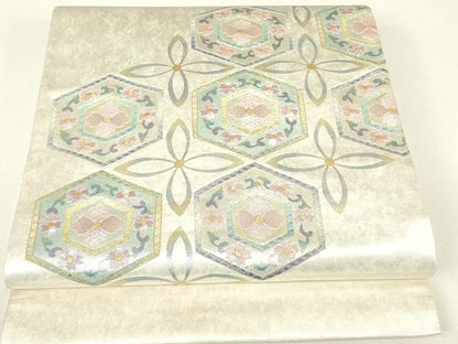 平和屋着物▼太鼓柄袋帯　駒刺繍　亀甲花文　金銀糸　引箔　正絹　逸品　DABH6173az