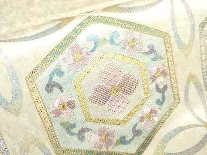 平和屋着物▼太鼓柄袋帯　駒刺繍　亀甲花文　金銀糸　引箔　正絹　逸品　DABH6173az