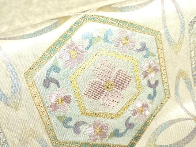 平和屋着物▼太鼓柄袋帯　駒刺繍　亀甲花文　金銀糸　引箔　正絹　逸品　DABH6173az