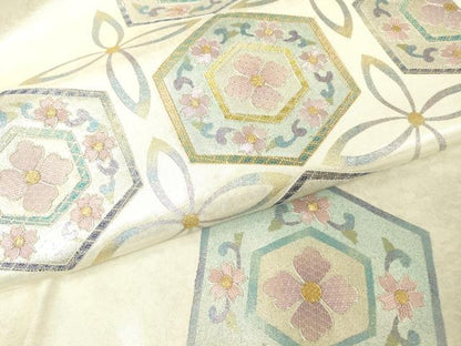 平和屋着物▼太鼓柄袋帯　駒刺繍　亀甲花文　金銀糸　引箔　正絹　逸品　DABH6173az