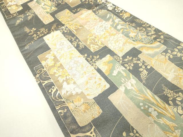 平和屋着物▼六通柄袋帯　琳派短冊取紋　金銀糸　正絹　逸品　DABH6177az