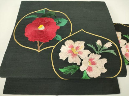 平和屋着物●アンティーク　大正ロマン　九寸名古屋帯　紬地　総刺繍　花丸文　黒地　金糸　DABH6200az
