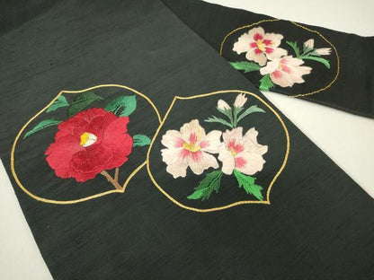 平和屋着物●アンティーク　大正ロマン　九寸名古屋帯　紬地　総刺繍　花丸文　黒地　金糸　DABH6200az