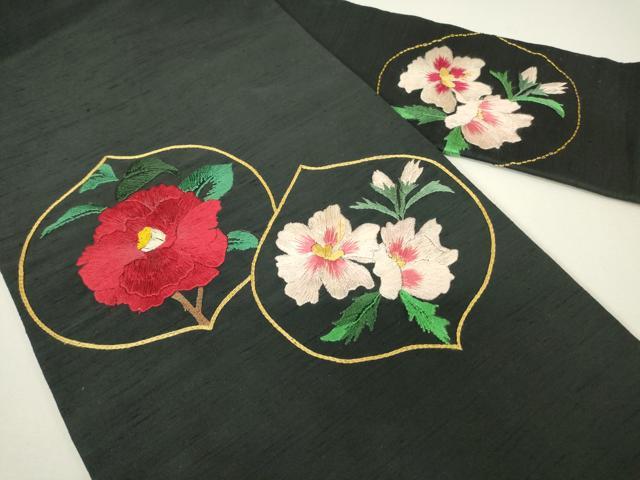 平和屋着物●アンティーク　大正ロマン　九寸名古屋帯　紬地　総刺繍　花丸文　黒地　金糸　DABH6200az