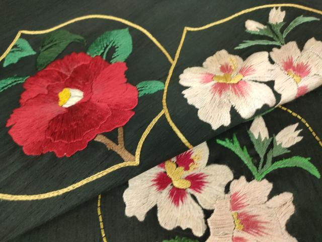 平和屋着物●アンティーク　大正ロマン　九寸名古屋帯　紬地　総刺繍　花丸文　黒地　金糸　DABH6200az