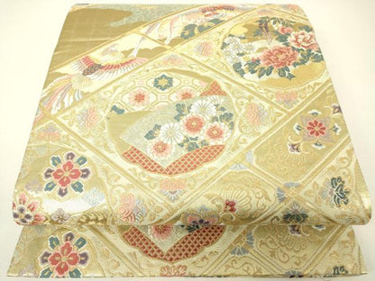 平和屋着物▼六通柄袋帯　天井格子王朝文　金糸　正絹　逸品　DABH6241az