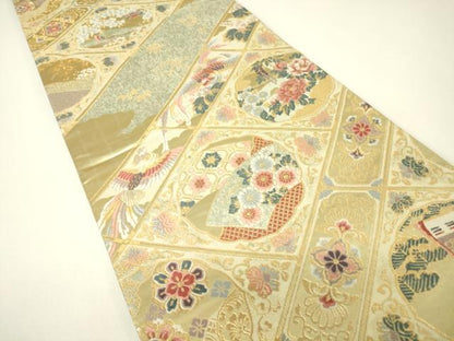 平和屋着物▼六通柄袋帯　天井格子王朝文　金糸　正絹　逸品　DABH6241az