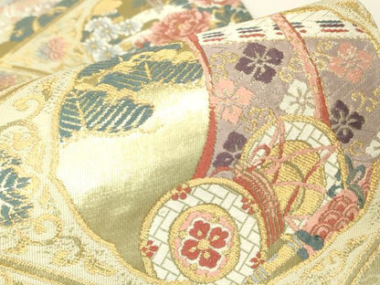 平和屋着物▼六通柄袋帯　天井格子王朝文　金糸　正絹　逸品　DABH6241az
