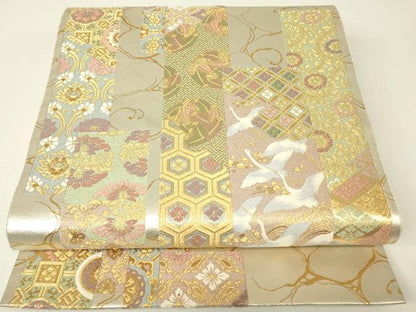平和屋着物▼六通柄袋帯　短冊飛鶴花文　金糸　正絹　逸品　DABH6242az
