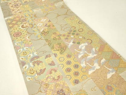 平和屋着物▼六通柄袋帯　短冊飛鶴花文　金糸　正絹　逸品　DABH6242az
