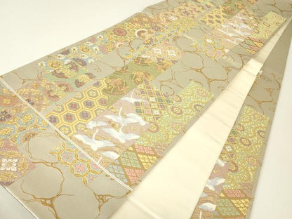 平和屋着物▼六通柄袋帯　短冊飛鶴花文　金糸　正絹　逸品　DABH6242az