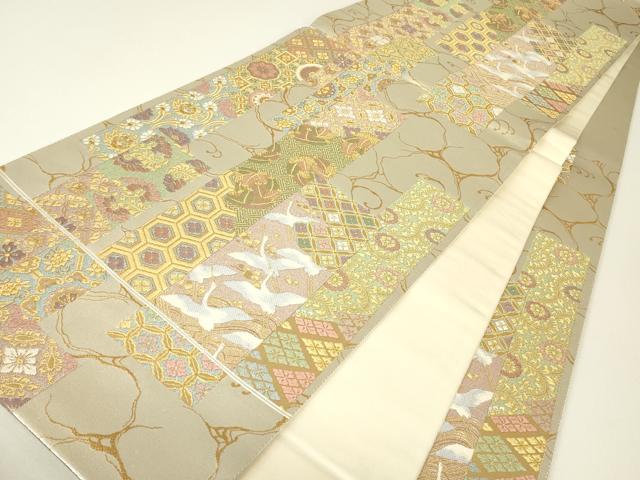 平和屋着物▼六通柄袋帯　短冊飛鶴花文　金糸　正絹　逸品　DABH6242az