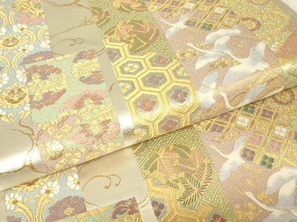 平和屋着物▼六通柄袋帯　短冊飛鶴花文　金糸　正絹　逸品　DABH6242az
