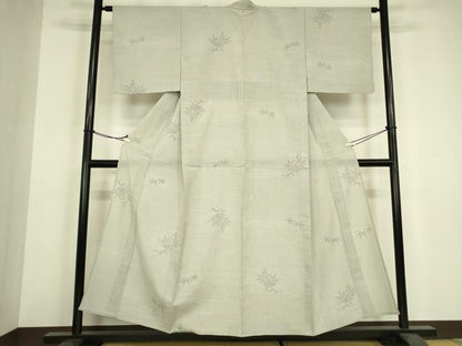 平和屋着物▽上質な紬　単衣　草葉文　80亀甲　正絹　逸品　DABH6271az