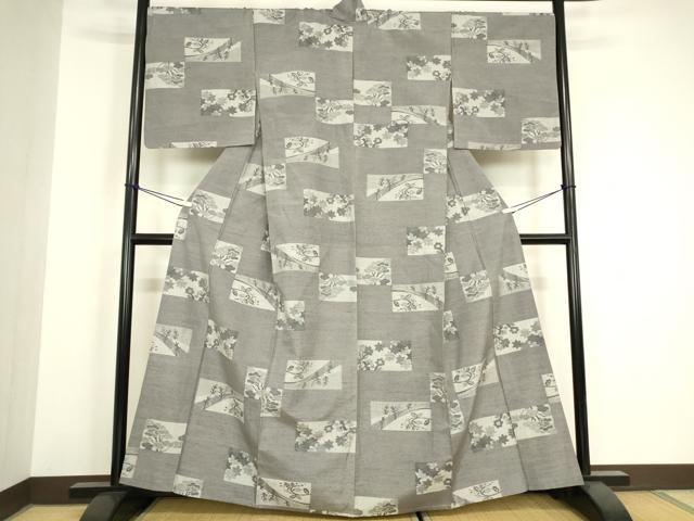 平和屋着物▽上質な紬　単衣　色紙風景花文　正絹　逸品　DABH6272az