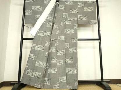 平和屋着物▽上質な紬　単衣　色紙風景花文　正絹　逸品　DABH6272az