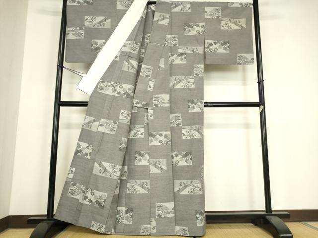 平和屋着物▽上質な紬　単衣　色紙風景花文　正絹　逸品　DABH6272az